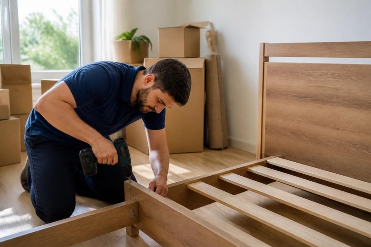 Mover kneeling and assembling a wooden bed frame with a drill in a new bedroom