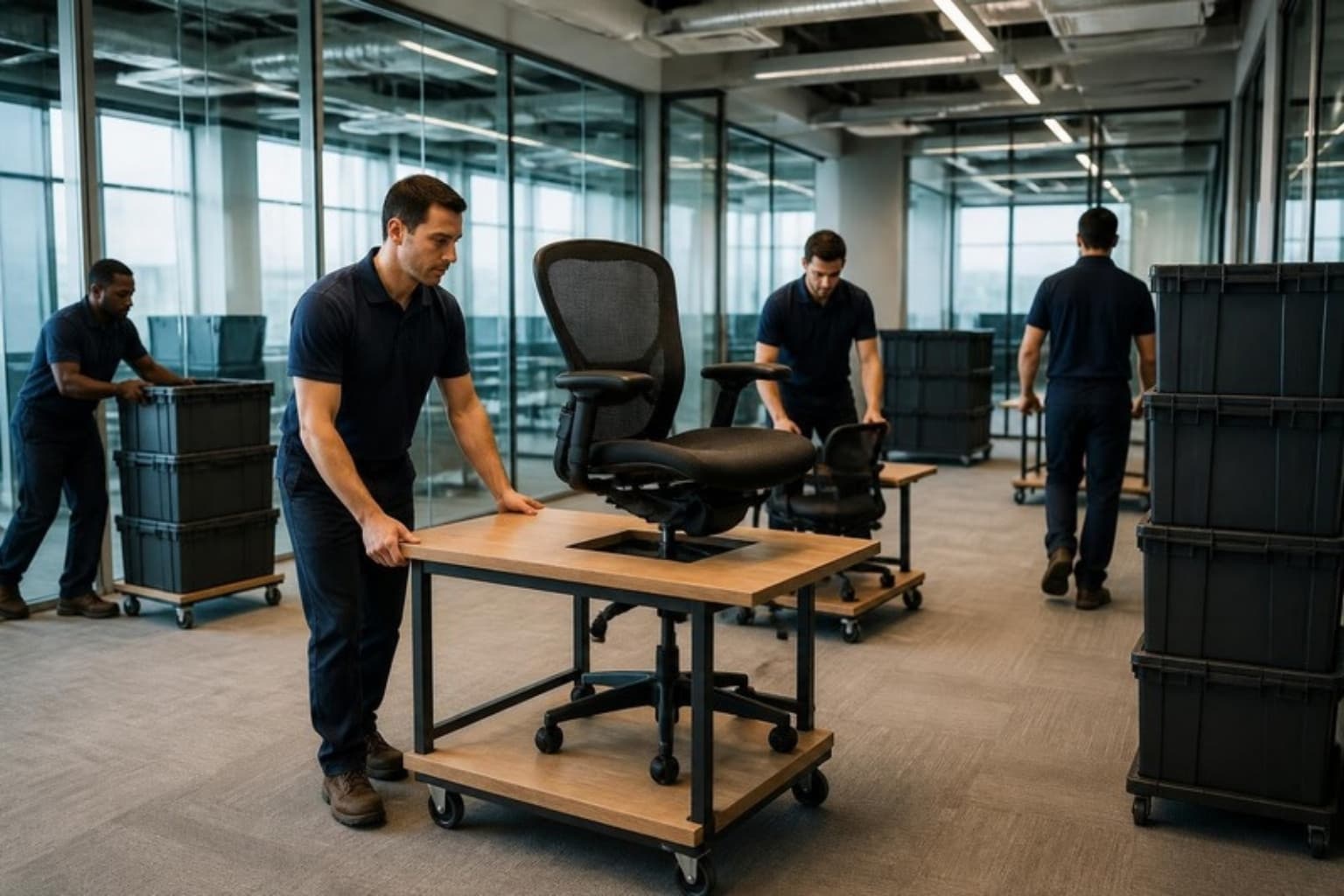 Movers relocating desks and office chairs through a modern glass-walled office