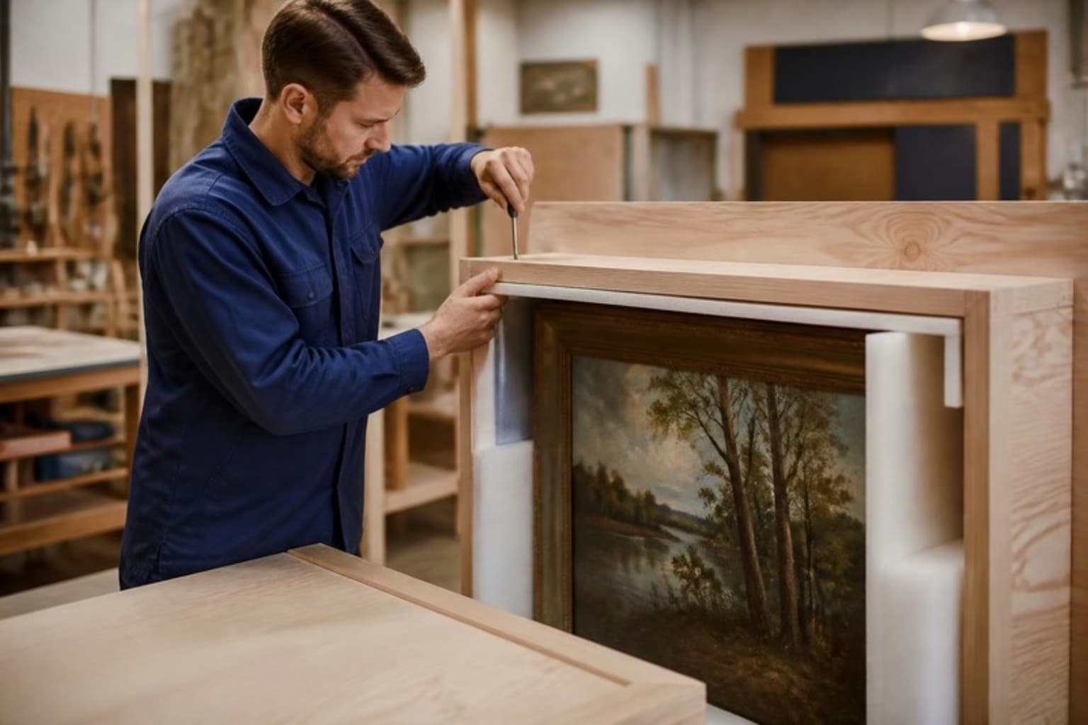 Craftsman building a custom wooden crate around a framed painting in a workshop
