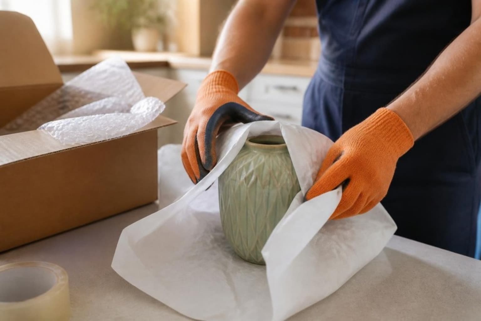 Mover in orange gloves wrapping a ceramic vase in white packing paper