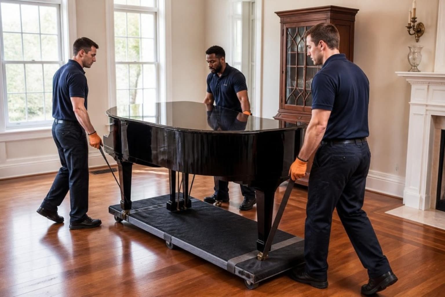 Three movers moving a glossy grand piano on a padded piano board across a hardwood floor