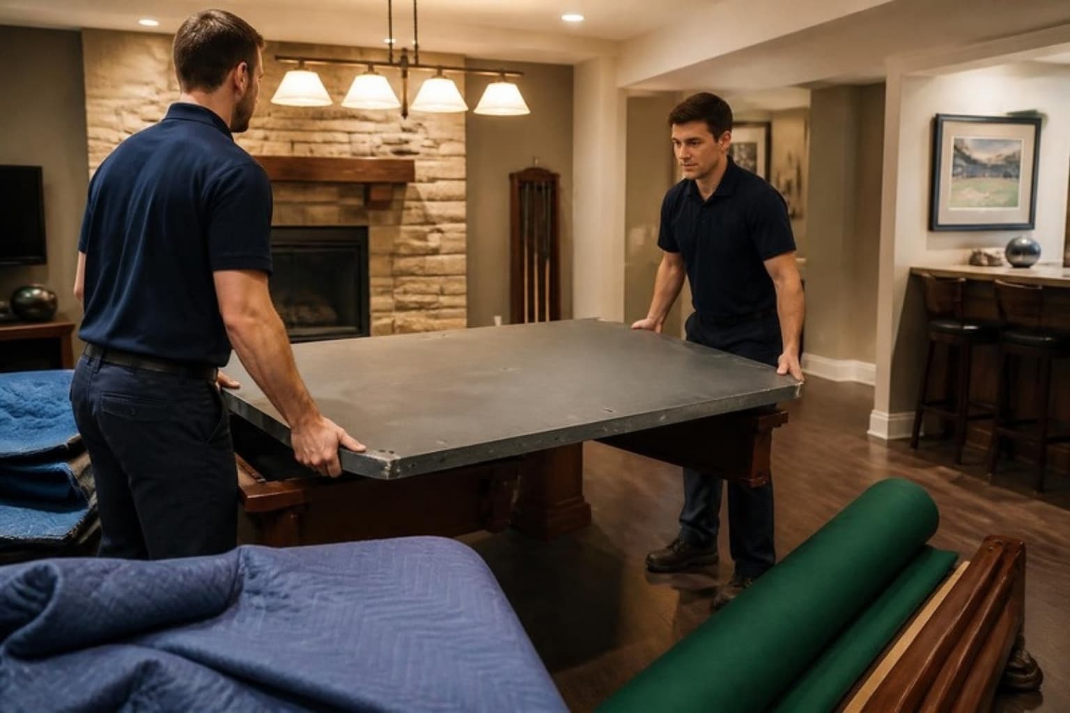 Two movers lifting the slate bed of a disassembled pool table in a basement game room