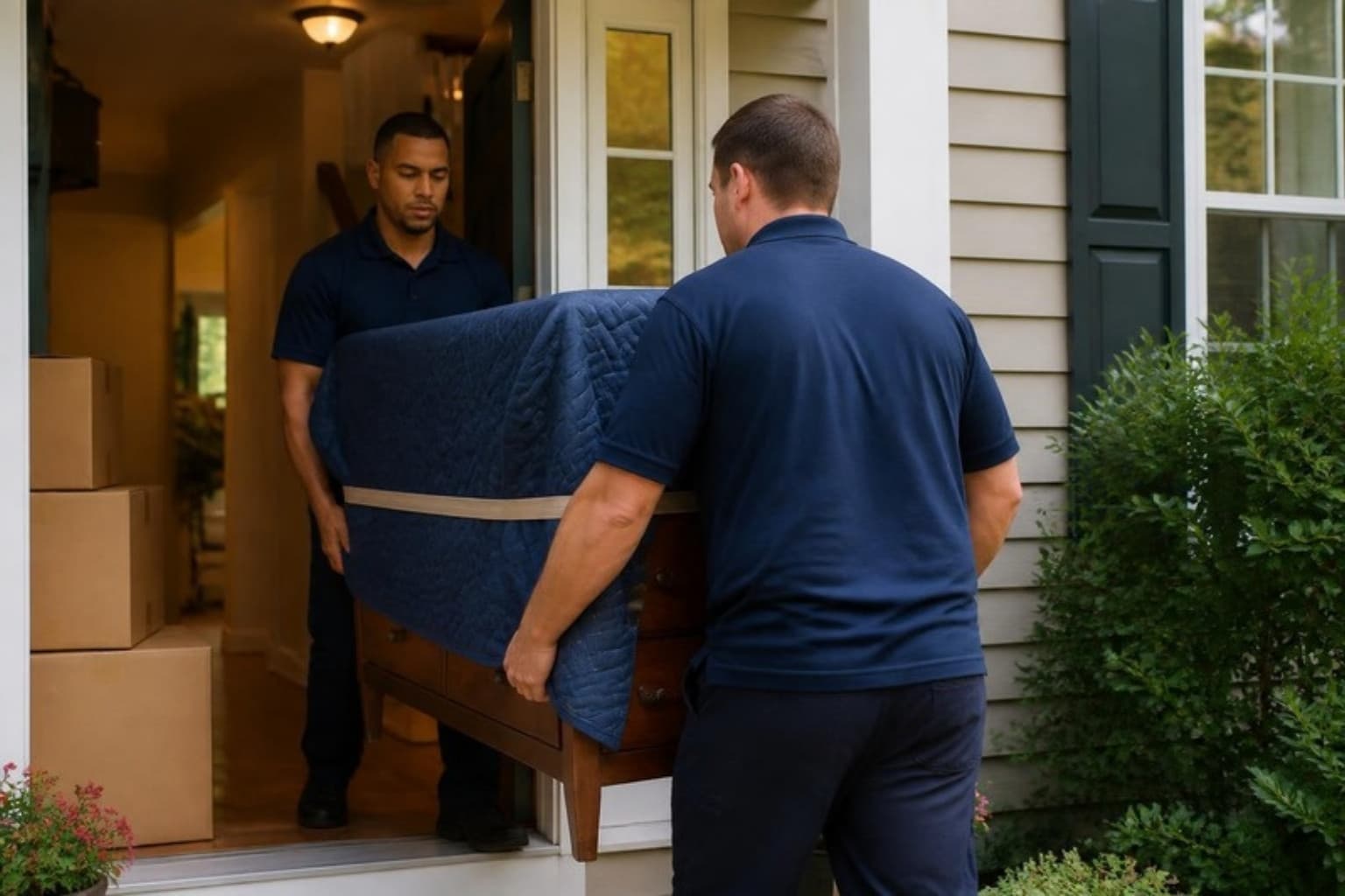 Logic Moving crew carrying a blanket-wrapped dresser out of a Connecticut home
