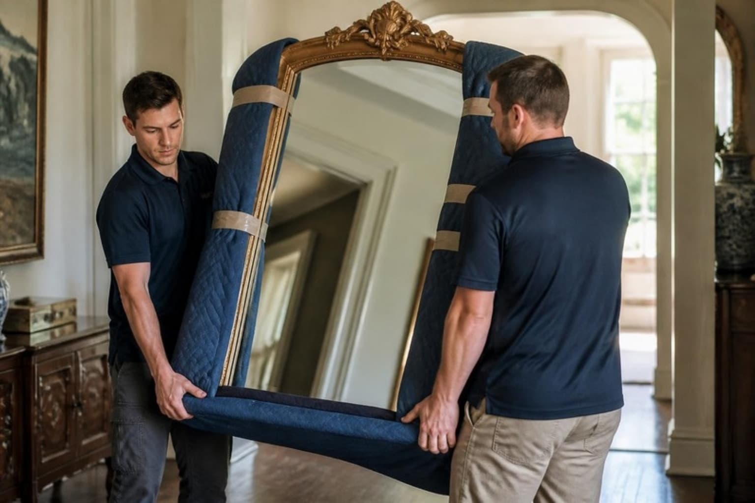 Two movers carefully carrying a padded antique mirror through an elegant hallway